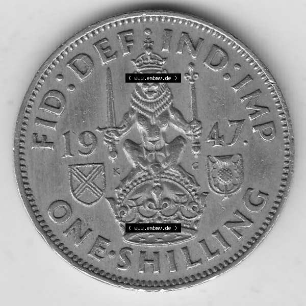 Grau bzw. s/w Münzen Großbritannien Umlaufmünze 1947-1948, 1 Schilling - One Shilling 1947-1 Sitzender Löwe auf Krone. Rückseite der alten britischen Münze aus Großbritannien... Sammlung Graustufen