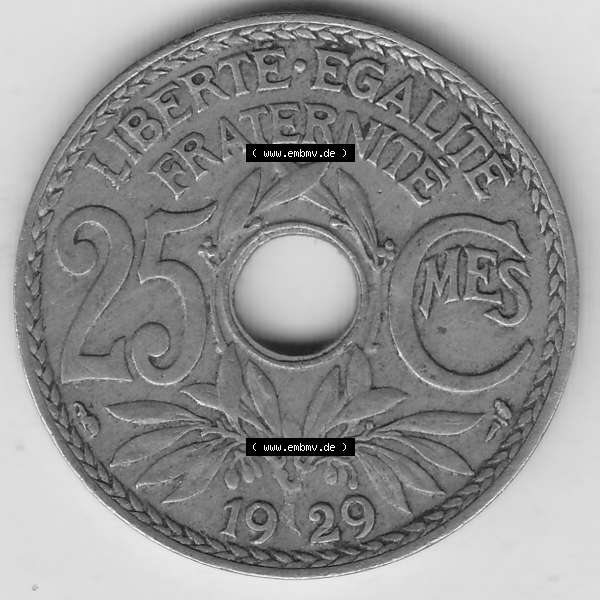 Grau bzw. s/w Münzen Frankreich Umlaufmünze 1917-1937, 25 Cmes, Centimes 1929-1 LIBERTE EGALITE FRATERNITE. Digitales Bild der Rückseite mit Wertzahl / Nennwert einer Umlaufmünze... Sammlung Graustufen