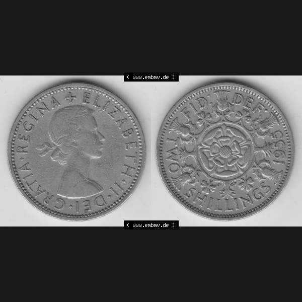 Grau bzw. s/w Münzen Großbritannien Umlaufmünze 1954-1970, 2 Schilling - Shillings 1955-1. Vorderseite und Rückseite horizontal auf einen digitalen Bild der alten britischen Münze... Sammlung Graustufen