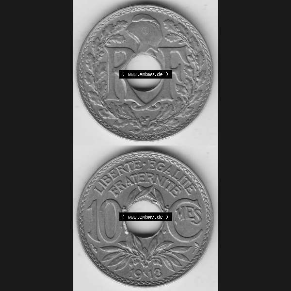 Grau bzw. s/w Münzen Frankreich Umlaufmünze Vollansicht 1917-1938, 10 Centimes, RF - Frankreich 10 CMES EGALITÉ FRATERNITÉ LIBERTÉ 1918-1. Vorderseite und Rückseite... Sammlung Graustufen