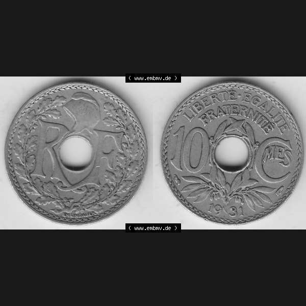Grau bzw. s/w Münzen Frankreich Umlaufmünze Vollansicht 1917-1938, 10 Centimes, 10 CMES EGALITÉ FRATERNITÉ LIBERTÉ 1931-1. Vorderseite und Rückseite horizontal... Sammlung Graustufen