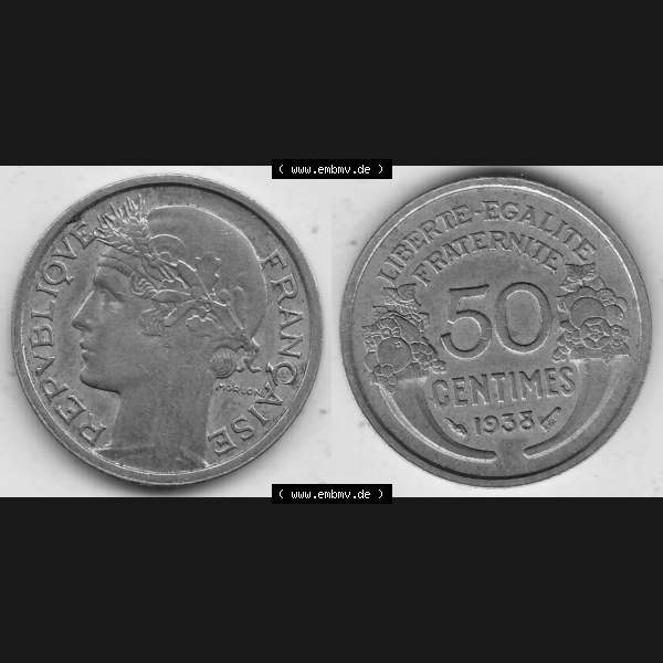 Grau bzw. s/w Alte Münzen KMS Frankreich, aus Kursmünzensatz-Zusammenstellung der Jahre 1917-1952, mit der Münze 1931-1947, 50 Centimes, 1938-1. Vorderseite und Rückseite... Sammlung Graustufen