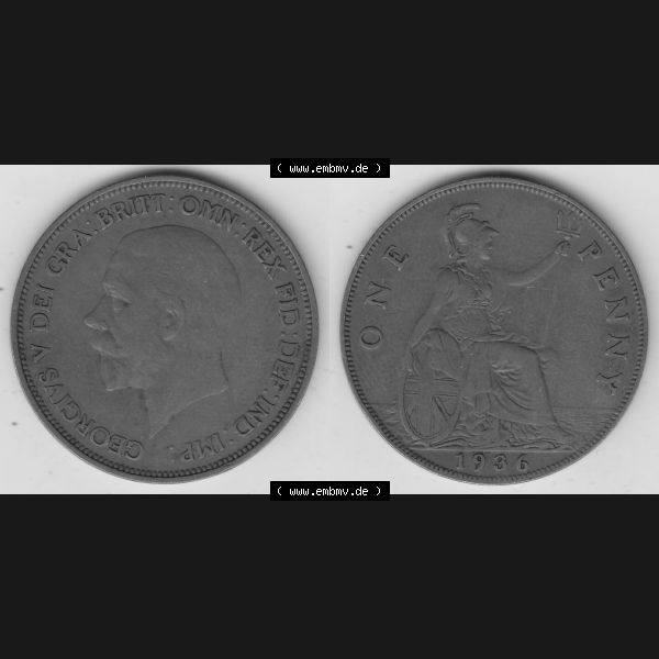 Grau bzw. s/w Münzen Großbritannien Umlaufmünze 1928-1936, 1 One Penny, 1936-1, George V. BM GEORGIVS V DEI GRABRITTOMNREX FIDDEFINDIMP. Vorderseite und Rückseite... Sammlung Graustufen