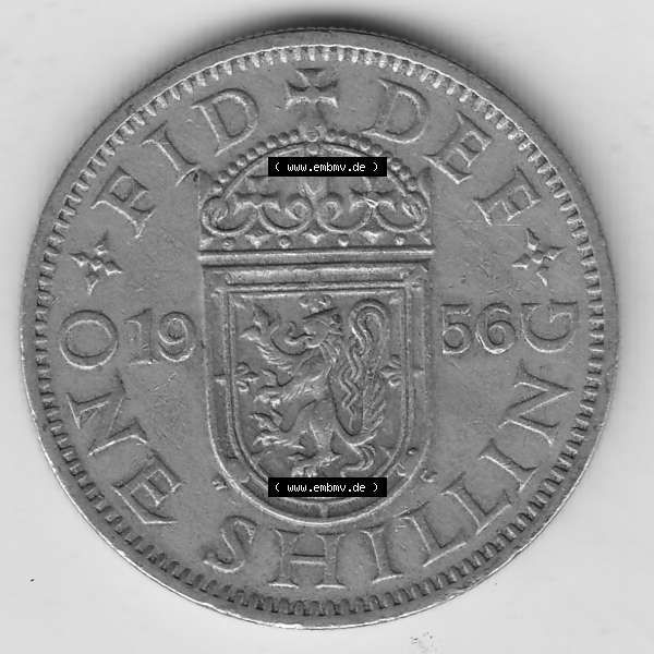 Grau bzw. s/w Münzen Großbritannien Umlaufmünze 1954-1970, 1 Schilling - Shilling, 1956-1 Wappen mit einen Löwen (2) Sammlung Graustufen