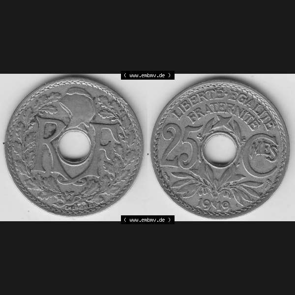 Grau bzw. s/w Münzen Frankreich Umlaufmünze 1917-1937, 25 Cmes, Centimes 1919-1 LIBERTE EGALITE FRATERNITE. Vorderseite und Rückseite horizontal auf einen digitalen Bild der alten französischen... Sammlung Graustufen