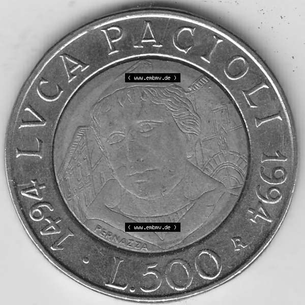 Grau bzw. s/w Bildmaterial von Münzen aus Italien / Italia Gedenkmünzen 1994-1994, 500 Lire, 500. Geburtstag von Luca Pacioli (1494-1994)-1. Rückseite einer alten... Sammlung Graustufen