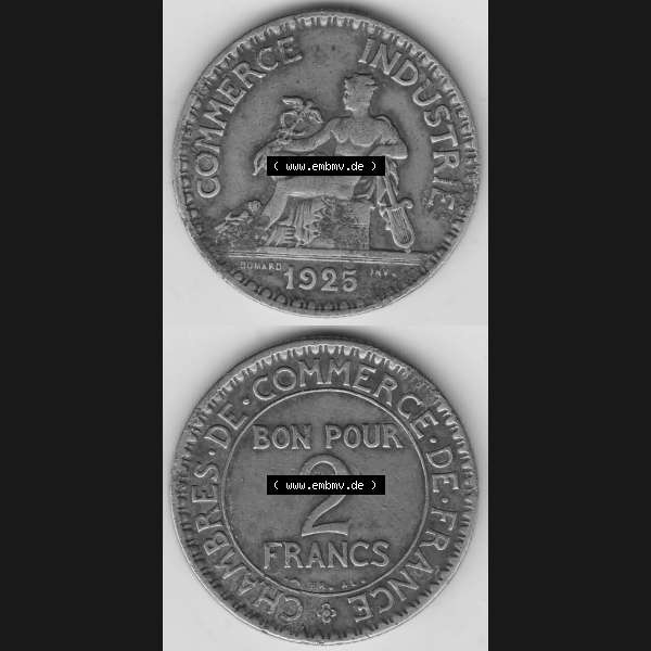 Grau bzw. s/w Münzen Frankreich Umlaufmünze 1920-1927, 2 Franken 1925-1, BON POUR 2 FRANCS CHAMBRES DE COMMERCE DE FRANCE. Vorderseite und Rückseite vertikal auf einen digitalen Bild... Sammlung Graustufen