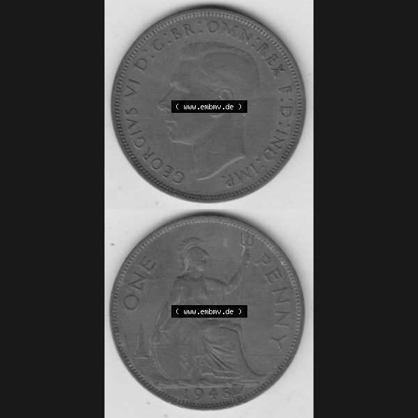 Grau bzw. s/w Münzen Großbritannien Umlaufmünze 1937-1948. 1 One Penny 1948-2, George VI, GEORGIVS VI DGBROMNREX FDINDIMP. HP. Vorderseite und Rückseite vertikal... Sammlung Graustufen