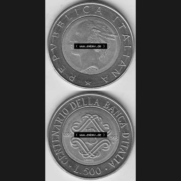 Grau bzw. s/w Bildmaterial von Münzen aus Italien / Italia Gedenkmünzen 1993-1993, 500 Lire, 100 Jahre Bank von Italien (1893-1993), CENTENARIO DELLA BANCA DITALIA GROSSI.... Sammlung Graustufen