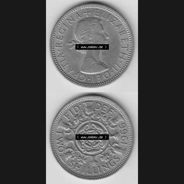 Grau bzw. s/w Münzen Großbritannien Umlaufmünze 1954-1970, 2 Schilling - Shillings 1966-1. Vorderseite und Rückseite vertikal untereinander auf einen digitalen Bild der alten britischen... Sammlung Graustufen