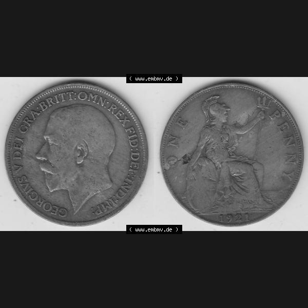 Grau bzw. s/w Münzen Großbritannien Umlaufmünze 1911-1926, 1 One Penny, 1921-1, George V, B.M. GEORGIVS V DEI GRABRITTOMNREX FIDDEFINDIMP. Vorderseite und... Sammlung Graustufen