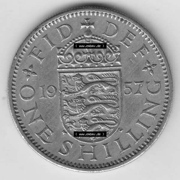 Grau bzw. s/w Münzen Großbritannien Umlaufmünze 1954-1970, 1 Schilling - Shilling, 1957-1 Wappen mit 3 Löwen (2) Sammlung Graustufen
