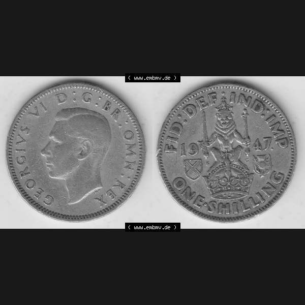 Grau bzw. s/w Münzen Großbritannien Umlaufmünze 1947-1948, 1 Schilling - One Shilling 1947-2 Sitzender Löwe auf Krone. Vorderseite und Rückseite horizontal auf einen digitalen... Sammlung Graustufen
