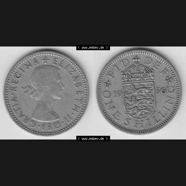 Grau bzw. s/w Münzen Großbritannien Umlaufmünze 1954-1970, 1 Schilling - Shilling, 1956-1 Wappen mit 3 Löwen. Vorderseite und Rückseite horizontal auf einen digitalen Bild... Sammlung Graustufen
