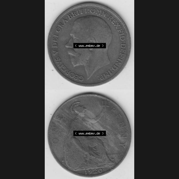 Grau bzw. s/w Münzen Großbritannien Umlaufmünze 1911-1926, 1 One Penny, 1920-1, George V, B.M. GEORGIVS V DEI GRABRITTOMNREX FIDDEFINDIMP. Vorderseite und... Sammlung Graustufen