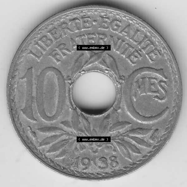 Grau bzw. s/w Münzen Frankreich Umlaufmünze 1917-1938, 10 Centimes - Cmes 1938-2. Rückseite der alten französischen Umlaufmünze 10 Cmes - Centimes - Cent aus Frankreich in der Francs-Währung... Sammlung Graustufen
