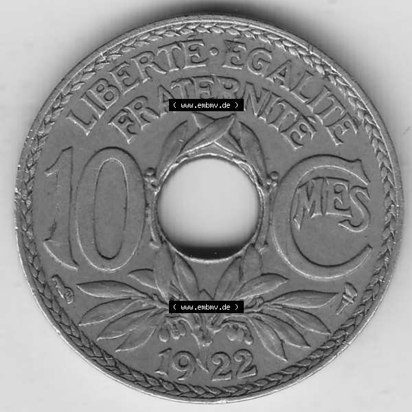 Grau bzw. s/w Münzen Frankreich Umlaufmünze Einzelansicht 1917-1938, 10 Centimes, RF - Frankreich 10 CMES EGALITÉ FRATERNITÉ LIBERTÉ 1922-1. Rückseite der alten... Sammlung Graustufen