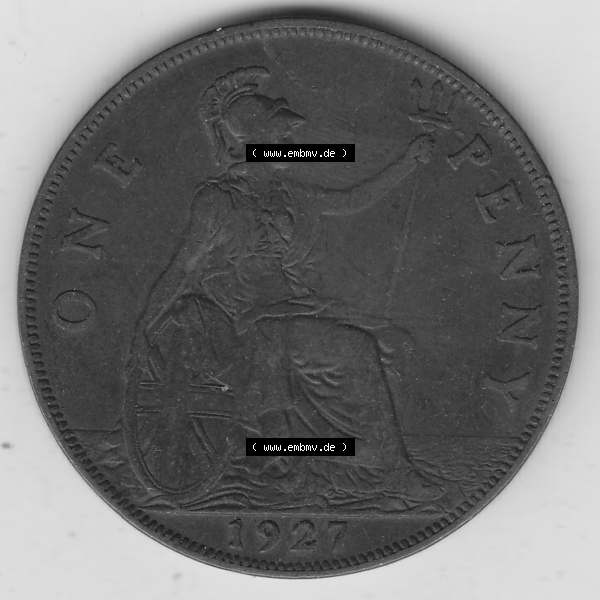 Grau bzw. s/w Münzen Großbritannien Umlaufmünze 1927-1927, 1 One Penny, 1927-1, George V, BM GEORGIVS V DEI GRABRITTOMNREX FIDDEFINDIMP. Rückseite der alten britischen... Sammlung Graustufen