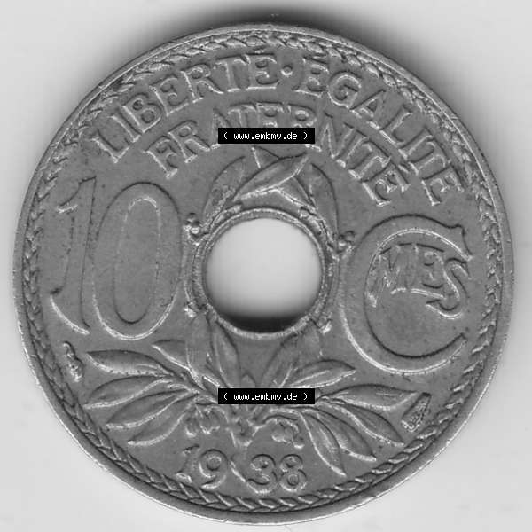 Grau bzw. s/w Münzen Frankreich Umlaufmünze 1917-1938, 10 Centimes - Cmes 1938. Rückseite der alten französischen Umlaufmünze 10 Cmes - Centimes - Cent aus Frankreich in der Francs-Währung... Sammlung Graustufen