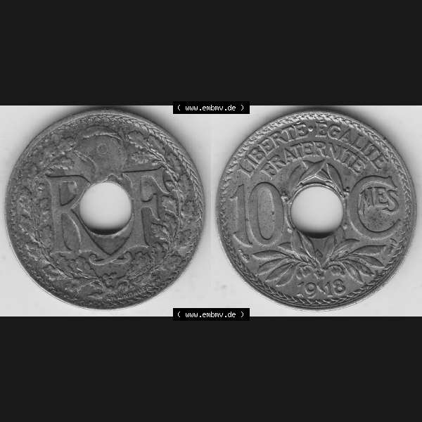 Grau bzw. s/w Münzen Frankreich Umlaufmünze Vollansicht 1917-1938, 10 Centimes, 10 CMES EGALITÉ FRATERNITÉ LIBERTÉ 1918-2. Beidseitiges Bildmaterial einer Umlaufmünze... Sammlung Graustufen