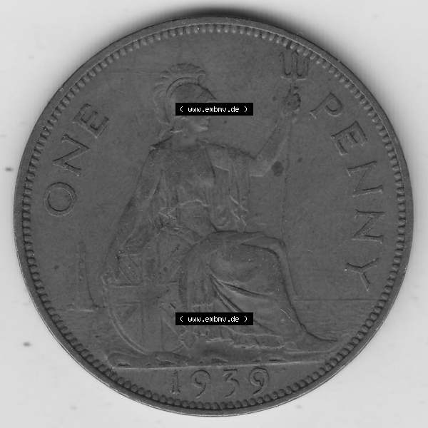 Grau bzw. s/w Münzen Großbritannien Umlaufmünze 1937-1948. 1 One Penny 1939-1, George VI, GEORGIVS VI DGBROMNREX FDINDIMP. HP. Rückseite der alten britischen Münze... Sammlung Graustufen
