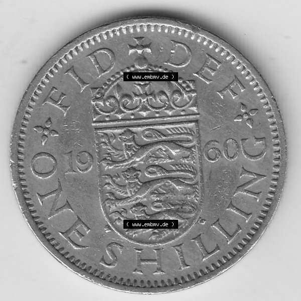 Grau bzw. s/w Münzen Großbritannien Umlaufmünze 1954-1970, 1 Schilling - One Shilling, 1960-1 Wappen mit drei Löwen. Rückseite der alten britischen Münze aus Großbritannien... Sammlung Graustufen