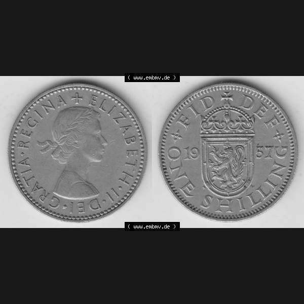 Grau bzw. s/w Münzen Großbritannien Umlaufmünze 1954-1970, 1 Schilling - Shilling, 1957-1 Wappen mit einen Löwen. Vorderseite und Rückseite horizontal auf einen digitalen... Sammlung Graustufen