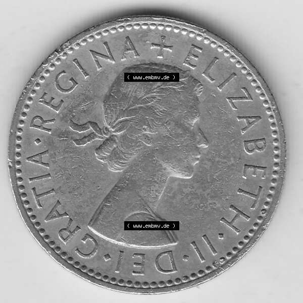 Grau bzw. s/w Münzen Großbritannien Umlaufmünze 1954-1970, 1 Schilling - Shilling, 1957-1 Wappen mit drei Löwen. Vorderseite der alten britischen Münze aus Großbritannien... Sammlung Graustufen