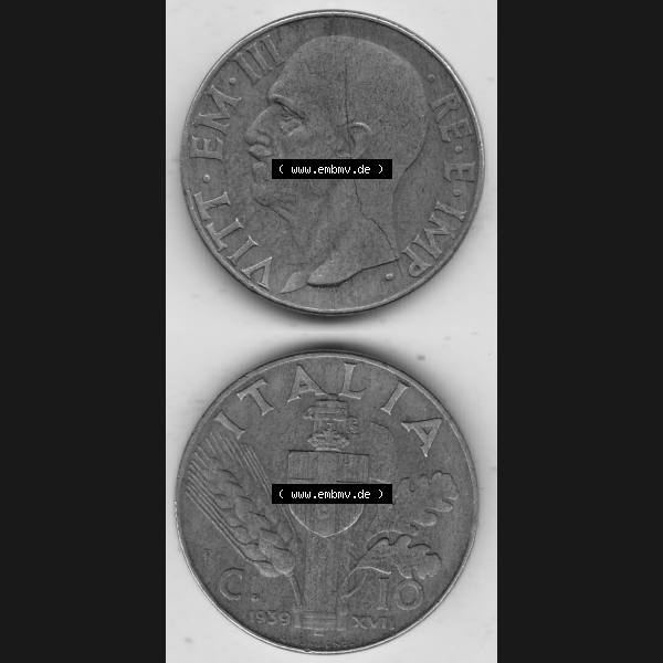 Grau bzw. s/w Alte Münzen KMS Italien / Italia, Kursmünzensatz - Zusammenstellung 1908-1943, mit Münze 1939-1943, 10 Centesimi, Cent, Viktor Emanuel III. VITT... Sammlung Graustufen