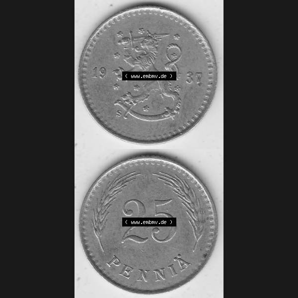 Grau bzw. s/w Alte Münzen KMS Finnland, Kursmünzensatz 1921-1940, 25 Penny, Penniä 1937. Digitales Bild / Bildmaterial für IPhone und Mobil-Geräte mit Vorderseite... Sammlung Graustufen