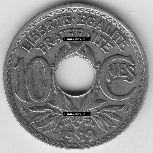 Grau bzw. s/w Münzen Frankreich Umlaufmünze Einzelansicht 1917-1938, 10 Centimes, RF - Frankreich 10 CMES EGALITÉ FRATERNITÉ LIBERTÉ 1919-1. Rückseite der alten... Sammlung Graustufen