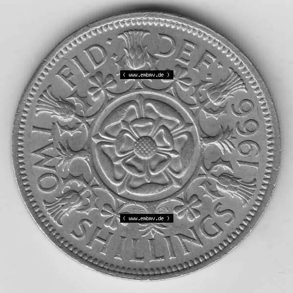 Grau bzw. s/w Münzen Großbritannien Umlaufmünze 1954-1970, 2 Schilling - Shillings 1966-1. Rückseite der alten britischen Münze aus Großbritannien zum katalogisieren und... Sammlung Graustufen