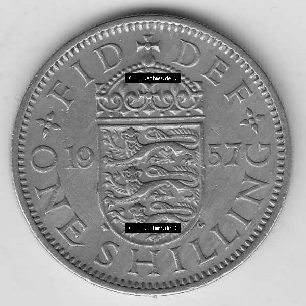 Grau bzw. s/w Münzen Großbritannien Umlaufmünze 1954-1970, 1 Schilling - Shilling, 1957-2 Wappen mit 3 Löwen (2) Sammlung Graustufen