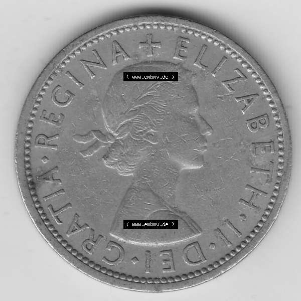 Grau bzw. s/w Münzen Großbritannien Umlaufmünze 1954-1970, 2 Schilling - Shillings 1966-5. Vorderseite der alten britischen Münze aus Großbritannien zum katalogisieren und verwalten... Sammlung Graustufen