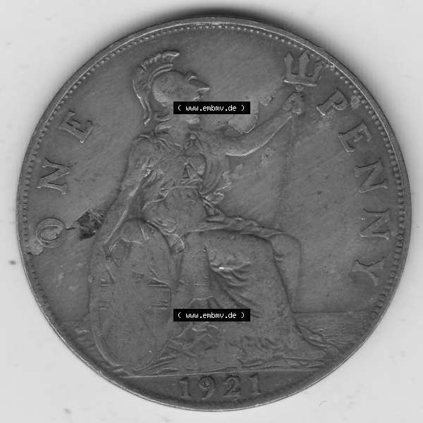 Grau bzw. s/w Münzen Großbritannien Umlaufmünze 1911-1926, 1 One Penny, 1921-1, George V, B.M. GEORGIVS V DEI GRABRITTOMNREX FIDDEFINDIMP. Rückseite... Sammlung Graustufen
