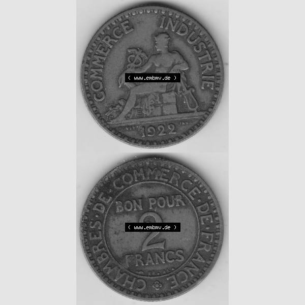 Grau bzw. s/w Münzen Frankreich Umlaufmünze 1920-1927, 2 Francs - Franken 1922-2. Vorderseite und Rückseite vertikal auf einen digitalen Bild der alten französischen Umlaufmünze... Sammlung Graustufen
