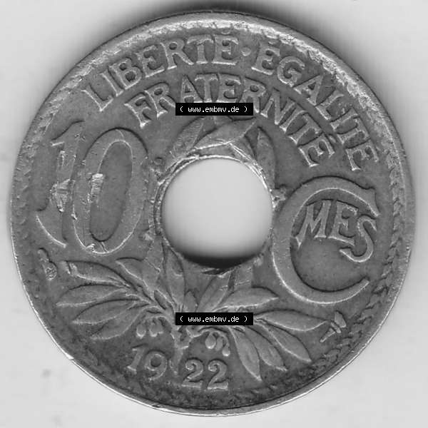 Grau bzw. s/w Münzen Frankreich Umlaufmünze Einzelansicht 1917-1938, 10 Centimes, 10 CMES EGALITÉ FRATERNITÉ LIBERTÉ 1922-1. Rückseite der alten französischen... Sammlung Graustufen