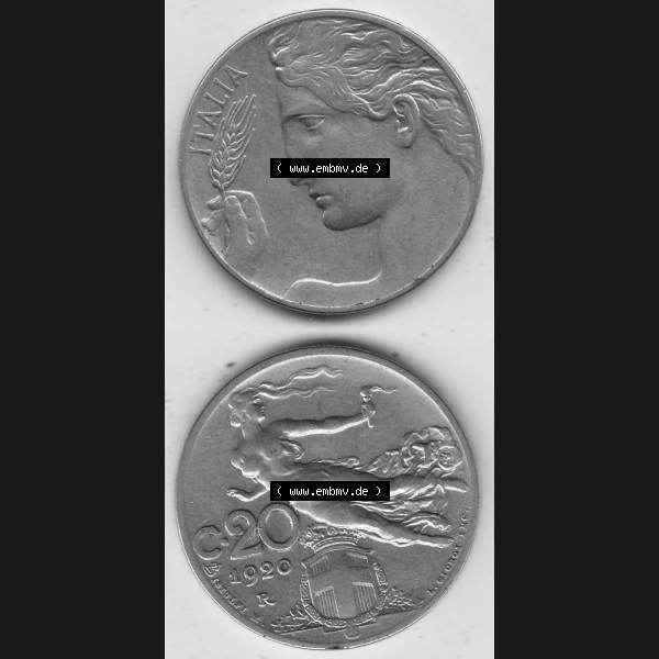 Grau bzw. s/w Alte Münzen KMS Italien / Italia, Kursmünzensatz - Zusammenstellung 1908-1943, mit Münze 1908-1935, 20 C. Centesimi, Cent, 1920-1. Digitales... Sammlung Graustufen
