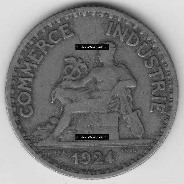 Grau bzw. s/w Münzen Frankreich Umlaufmünze 1920-1927, 1 Franken BON POUR 1 FRANC 1924-1. Vorderseite der alten französischen Umlaufmünze aus Frankreich in der Francs-Währung zum... Sammlung Graustufen