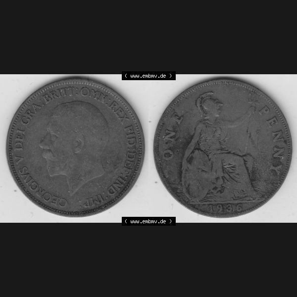 Grau bzw. s/w Münzen Großbritannien Umlaufmünze 1928-1936, 1 One Penny, 1936-2, George V. BM GEORGIVS V DEI GRABRITTOMNREX FIDDEFINDIMP. Vorderseite und Rückseite... Sammlung Graustufen