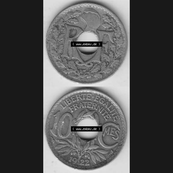 Grau bzw. s/w Münzen Frankreich Umlaufmünze Vollansicht 1917-1938, 10 Centimes, 10 CMES EGALITÉ FRATERNITÉ LIBERTÉ 1922-1. Vorderseite und Rückseite vertikal auf... Sammlung Graustufen