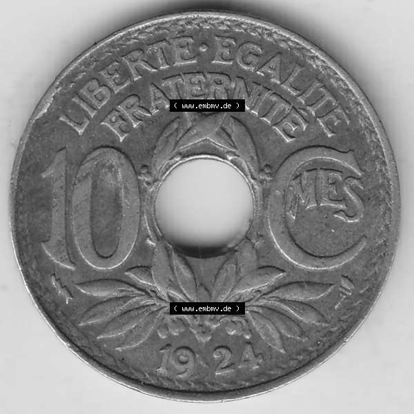 Grau bzw. s/w Münzen Frankreich Umlaufmünze Einzelansicht 1917-1938, 10 Centimes, 10 CMES EGALITÉ FRATERNITÉ LIBERTÉ 1924-1. Rückseite der alten französischen... Sammlung Graustufen