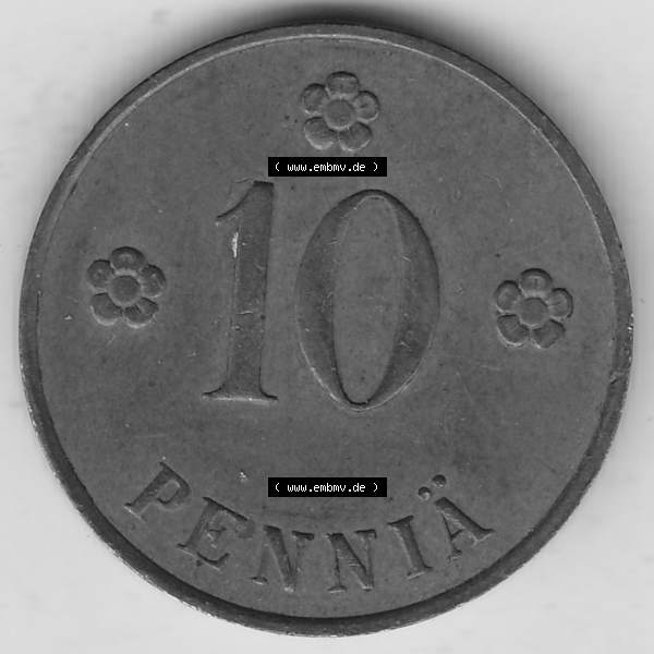 Grau bzw. s/w Alte Münzen KMS Finnland, Kursmünzensatz 1919-1940, 10 Penny, Penniä 1931. Rückseite mit Wert-Zahl bzw. Nennwert einer Münze aus KMS / Kursmünzen... Sammlung Graustufen