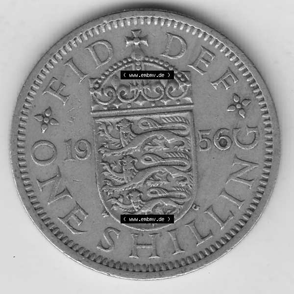 Grau bzw. s/w Münzen Großbritannien Umlaufmünze 1954-1970, 1 Schilling - Shilling, 1956-1 Wappen mit 3 Löwen (2) Sammlung Graustufen