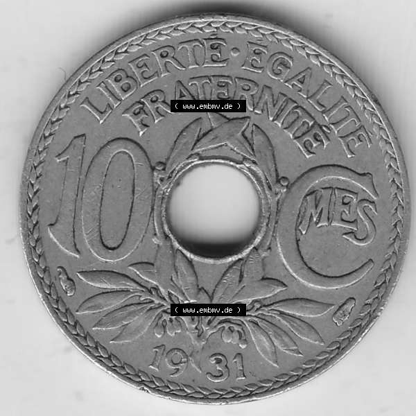 Grau bzw. s/w Münzen Frankreich Umlaufmünze Einzelansicht 1917-1938, 10 Centimes, 10 CMES EGALITÉ FRATERNITÉ LIBERTÉ 1931-1. Rückseite der alten französischen... Sammlung Graustufen