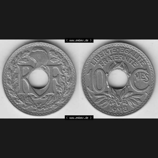 Grau bzw. s/w Münzen Frankreich Umlaufmünze Vollansicht 1917-1938, 10 Centimes, RF - Frankreich 10 CMES EGALITÉ FRATERNITÉ LIBERTÉ 1918-1. Vorderseite und Rückseite... Sammlung Graustufen