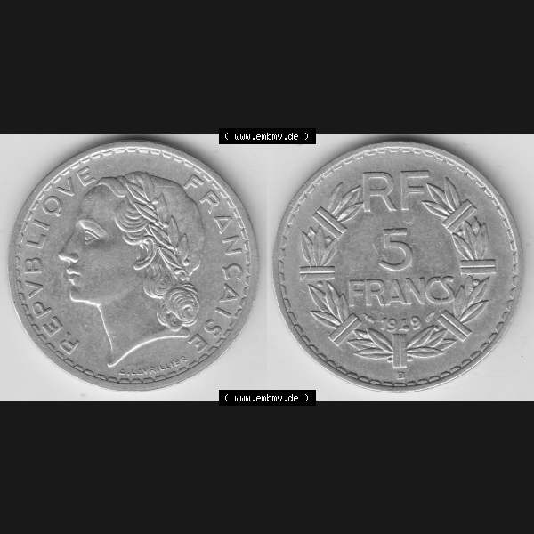 Grau bzw. s/w Alte Münzen KMS Frankreich, aus Kursmünzensatz-Zusammenstellung der Jahre 1917-1952, mit der Münze 1945-1952, 5 Franken, Francs 1949-1. Vorderseite und Rückseite... Sammlung Graustufen