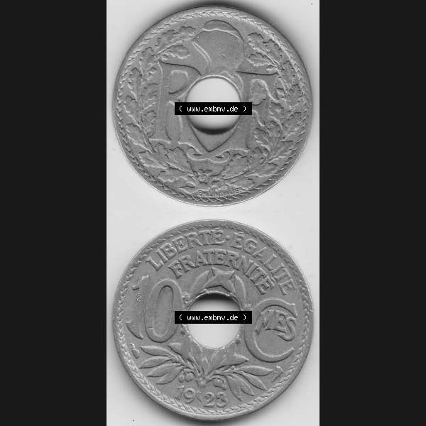 Grau bzw. s/w Münzen Frankreich Umlaufmünze 1917-1938, 10 Centimes - Cmes 1923. Vorderseite und Rückseite vertikal auf einen digitalen Bild der alten französischen Umlaufmünze 10... Sammlung Graustufen