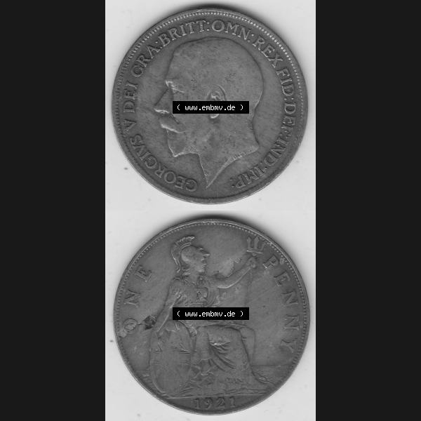 Grau bzw. s/w Münzen Großbritannien Umlaufmünze 1911-1926, 1 One Penny, 1921-1, George V, B.M. GEORGIVS V DEI GRABRITTOMNREX FIDDEFINDIMP. Vorderseite und... Sammlung Graustufen