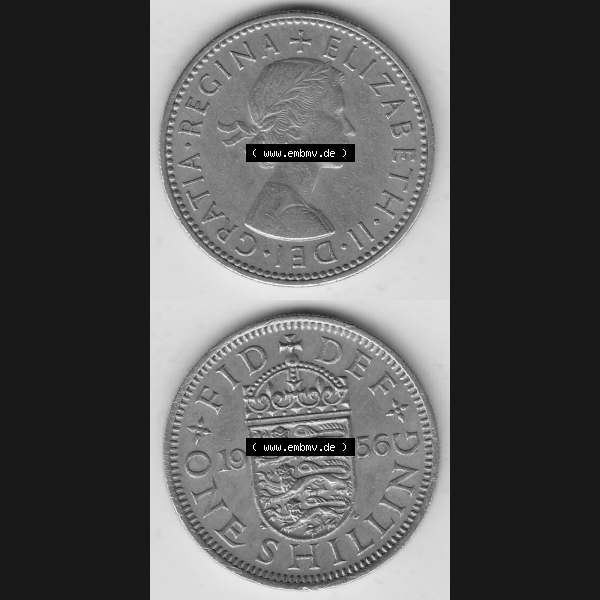 Grau bzw. s/w Münzen Großbritannien Umlaufmünze 1954-1970, 1 Schilling - One Shilling, 1956-1 Wappen mit drei Löwen. Vorderseite und Rückseite vertikal untereinander auf... Sammlung Graustufen
